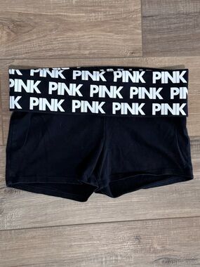 PINK Victoria's Secret Black Y2K Logo Waistband Stretch Shorts